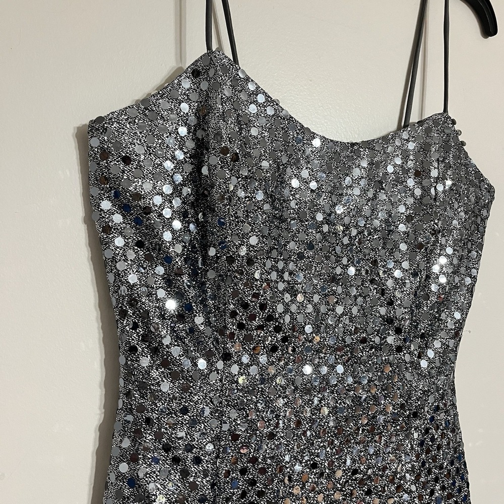 Vintage 90s Silver Sequin Maxi Dress Spaghetti Strap Side Slit Gown Size 10 USA - Picture 3 of 13